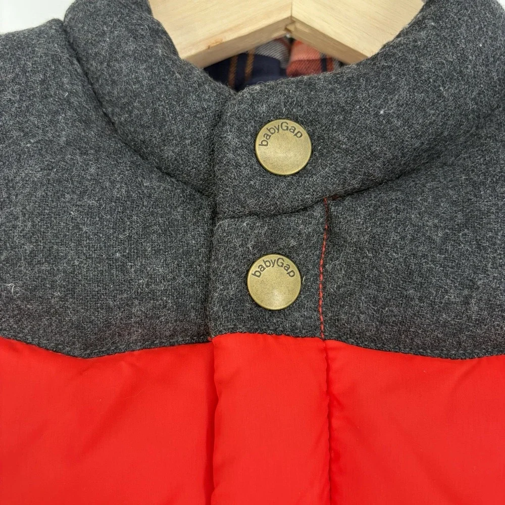 Baby Gap Boys Plaid Puffer Vest 12-18 Mo Plaid Lined Wool Blend Snaps Y2K Fall